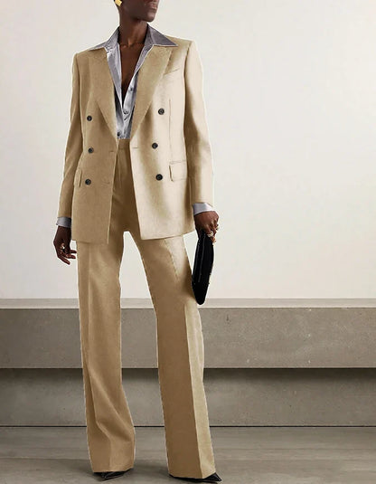 Fashion Grey Double Breasted Women Pants Set High-end Female Two Pieces(Jacket+Trousers)أطقم بناطيل