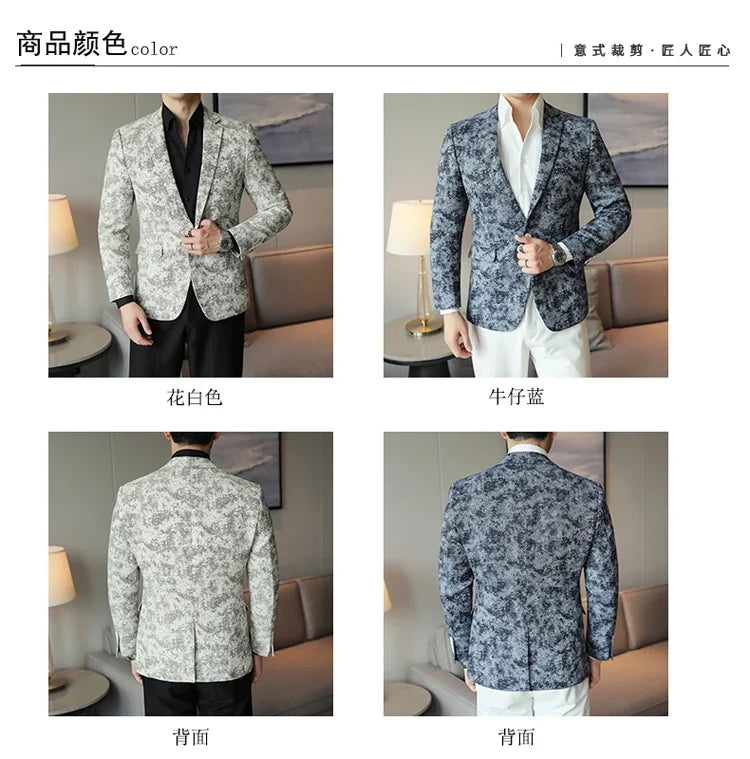2026 Spring Denim Blue Men's Casual Suit Jacket Korean Slim Blazers Tie-dyed Business Social Jacket Banquet Party Dress Coats