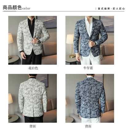 2026 Spring Denim Blue Men's Casual Suit Jacket Korean Slim Blazers Tie-dyed Business Social Jacket Banquet Party Dress Coats