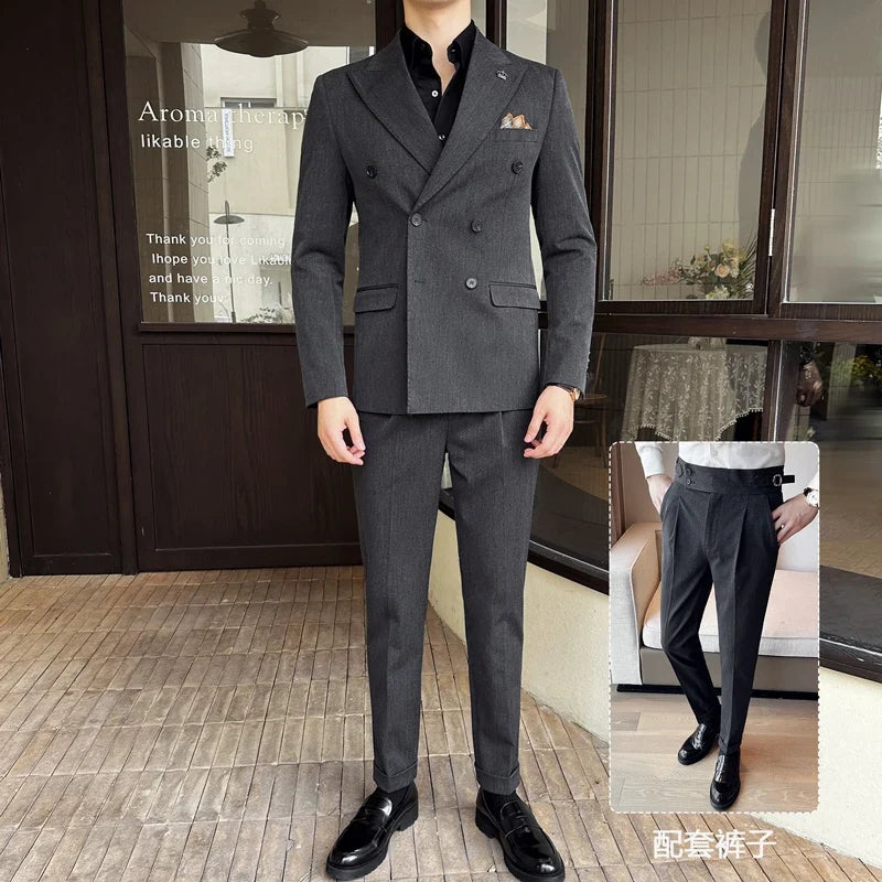 (Blazer + Trousers) Fashion Double Breasted Design Slim Men's Suit Italian Style Luxury Wedding Social Party Tuxedo 2 Piece Set