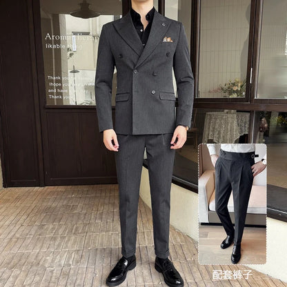 (Blazer + Trousers) Fashion Double Breasted Design Slim Men's Suit Italian Style Luxury Wedding Social Party Tuxedo 2 Piece Set