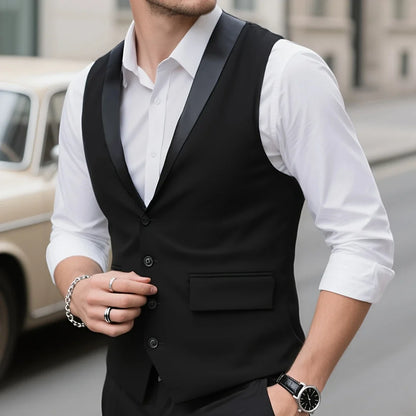 Men's Formal Vest Single Button Waistcoat Black Bright Lapel for Weddings & Business