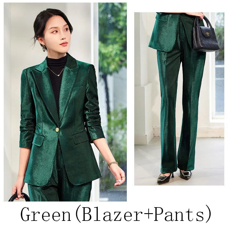 Pleuche Two Piece Sets Womens Outifits 2024 New Fashion Slim Elegant Long Sleeve Blazer Office Lady Flare Pants Suits