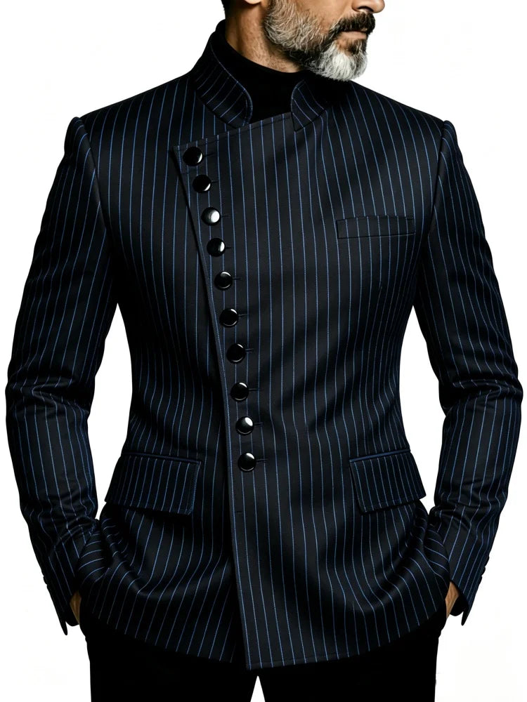 Mens Stand Collar Black Blue Vertical Pinstripe Slim Fit Formal Blazer Men Wedding Groom Prom Business Evening Party Costume