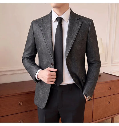2026 Luxury Leather Suit Jacket Men's Business Casual Leather Men Blazers Social Wedding Groom Banquet Formal Coat Streetwear