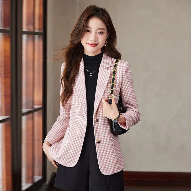 Women Office Ladies Single Breasted Slim Blazer Coat Autumn Winter Fashion Plaid Temperament Long Sleeved Elegant Tops Vacation