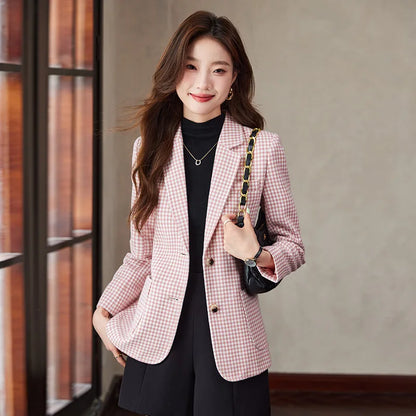 Women Office Ladies Single Breasted Slim Blazer Coat Autumn Winter Fashion Plaid Temperament Long Sleeved Elegant Tops Vacation