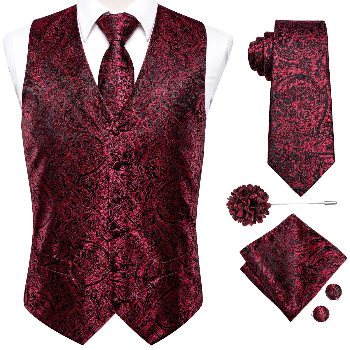 Men's Jacquard Waistcoat Suit Vest with Tie Hanky Cufflinks Brooch Set for Weddings and Business Events