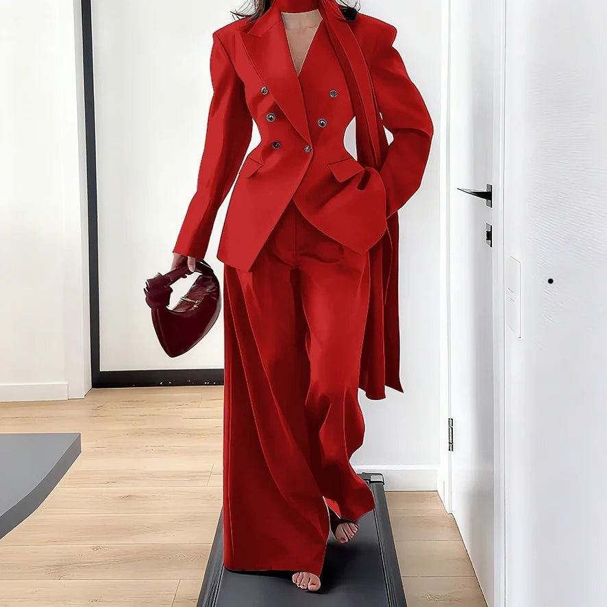 Elegant Women Double Breasted Suit Set Double Breasted Peaked Lapel Blazer+Pants Daily Slim Fit Office Evening Party Outerwears