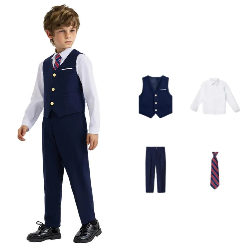 Boys Girls 4Pieces Suit Set Kids School Uniform With Vest Pants Shirts Tie Twins Birthday Piano Performance Costume