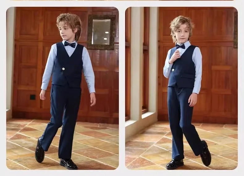 British Style Kids Piano Host Speech Performance Costume School Boys Vest Pants Bowtie 3Pieces Ceremony Clothing Set