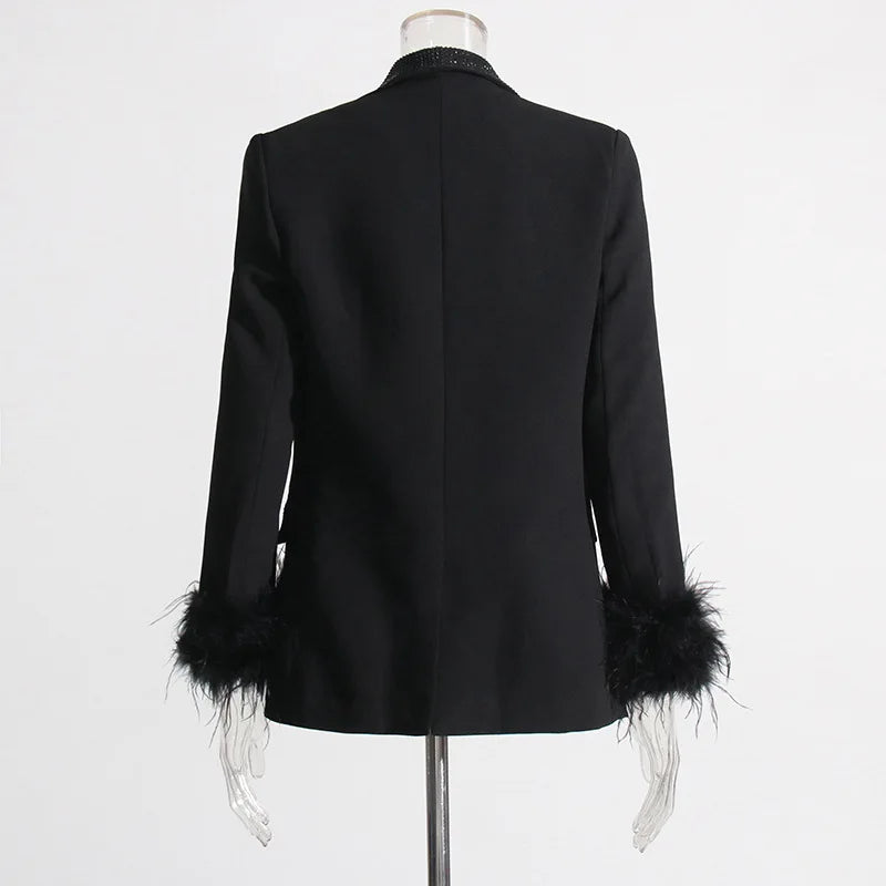 Spring Autumn New Women Blazer Turn-down Collar Studded Diamonds Single Button Cuff Spliced Feather Luxury Ins Coat HK16316