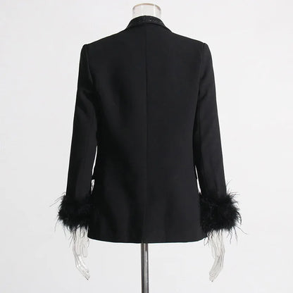 Spring Autumn New Women Blazer Turn-down Collar Studded Diamonds Single Button Cuff Spliced Feather Luxury Ins Coat HK16316