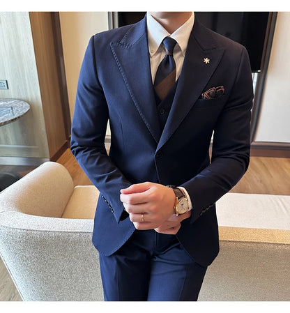 (Blazer + Vest + Trousers) 2024 New Men Formal Business Solid Suit 3 Pieces Set Italian Style Luxury Wedding Social Party Tuxedo