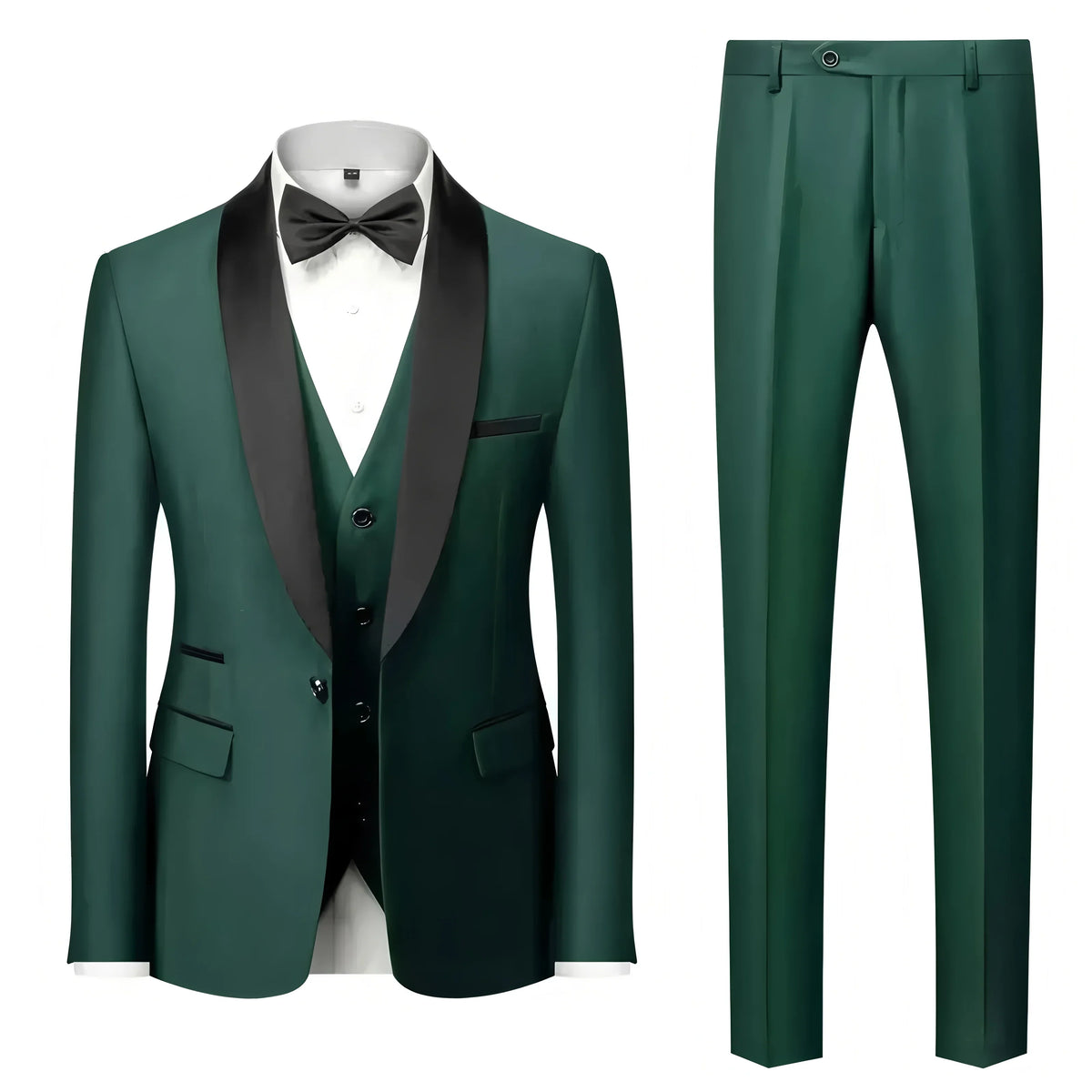Costume trois pièces de cérémonie pour hommes à col vert | Design contrasté, coupe ajustée, comprend gilet, chemise, pantalon