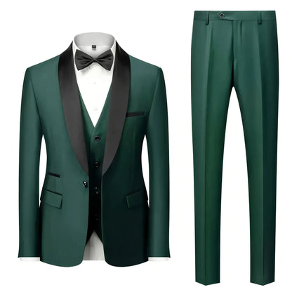 Costume trois pièces de cérémonie pour hommes à col vert | Design contrasté, coupe ajustée, comprend gilet, chemise, pantalon
