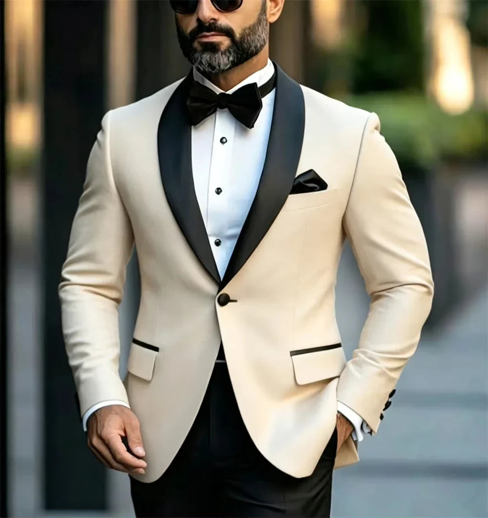 Men's Single Breasted Blazer with Black Lapels — Formal Business Tuxedo Jacket for Parties & Events