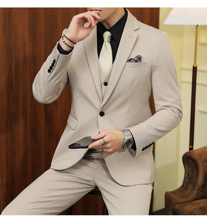 2025 Men's Wedding Suit Vest Trousers Set Fashionable Handsome Solid Color Groom's Three-Piece Outfit Available in Sizes M-7XL