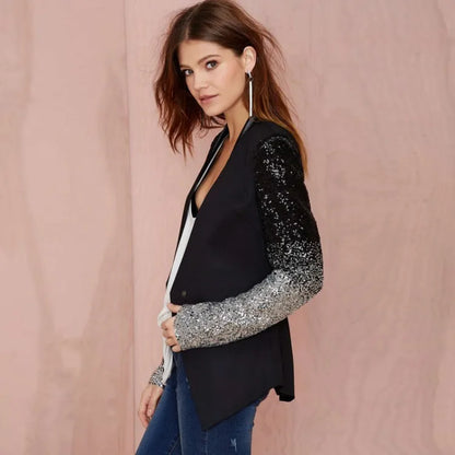 Shiny Sequin Suit Jacket Women's Slimming Elegant Ladylike Style Long Sleeve Commute Fashion Single Button Pure Color Coat