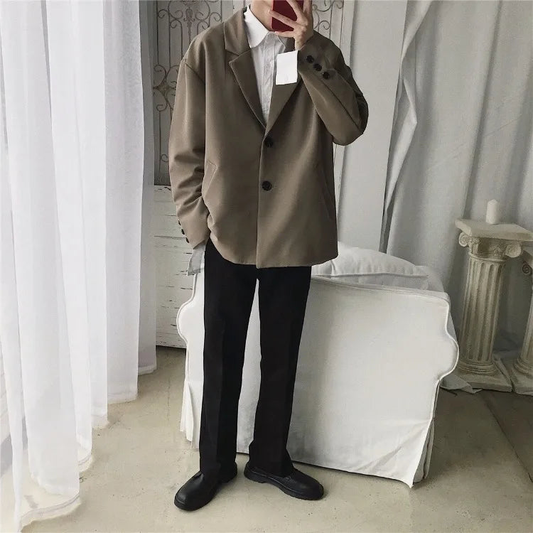 Men Spring Autumn Casual Blazer Set INS Korean Style Trendy Hong Kong Vibe Handsome Suit Jacket Outerwear