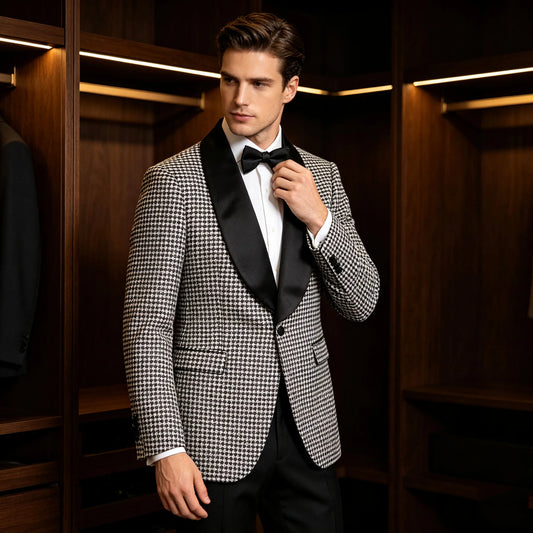 Men's Slim Fit Blazer Houndstooth Satin Shawl Collar One Button Tuxedo Jacket for Wedding & Prom