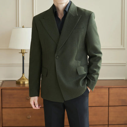 Herringbone Pattern Fabric Suit Jacket Men Autumn Winter Casual Business Dress Coat Wedding Groom Banquet Party Blazer Masculino