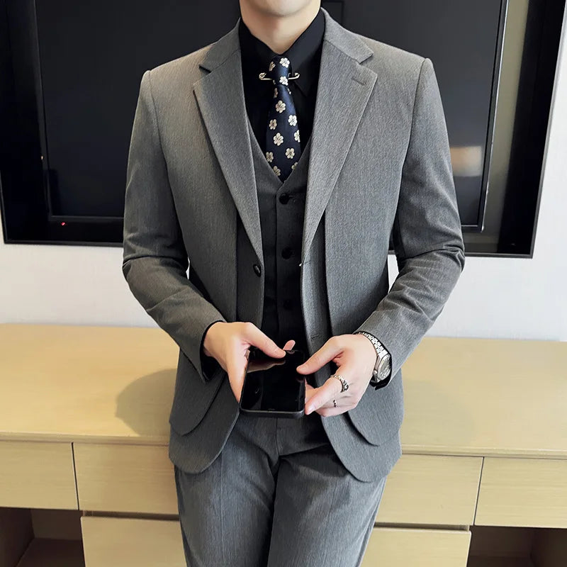 British Style Fake Two-piece Suit Set Men's Wedding Groom Dress 3 Piece Set Suit Vest Trousers Slim Office Business Casual Suits