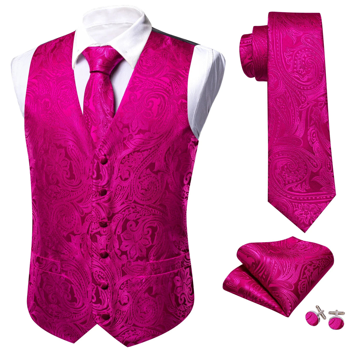 Men's Vest Set with Floral Tie Hanky and Cufflinks – Rose Pink Formal Waistcoat for Weddings and Banquets