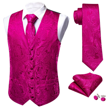 Men's Vest Set with Floral Tie Hanky and Cufflinks – Rose Pink Formal Waistcoat for Weddings and Banquets