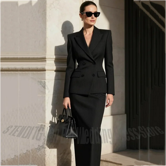 Black Stripe Women 2 Piece Suit Modern Peak Lapel Double Breasted Blazer With Midi Skirt Formal Business Elegant Commute Set