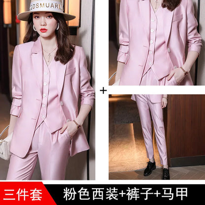 Fashion Elegant Pink High-End Small Business Suit Coat2022Autumn and Winter Elegant Vest Suit Three-Piece Korean Women's Clothin