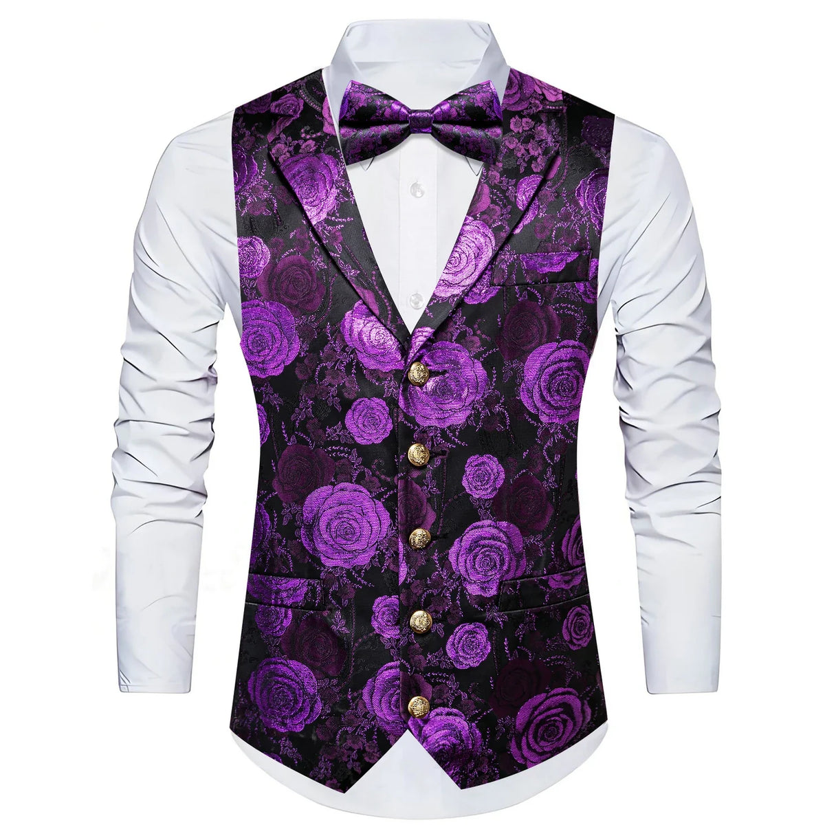 Men's Jacquard Floral Vest – Notched Lapel Waistcoat with Bowtie for Wedding & Formal Events
