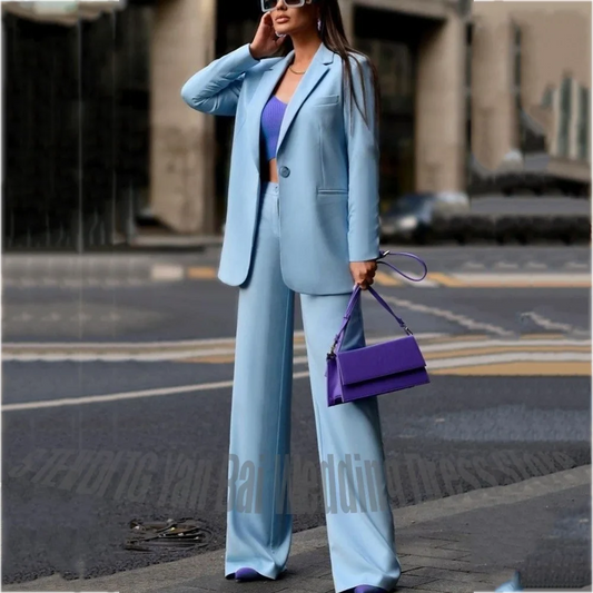 2026 Sky Blue Women Suit Two Piece Set Single Button Notched Lapel Jacket Pants Office Lady Commuter Formal Outfit Daily Wear