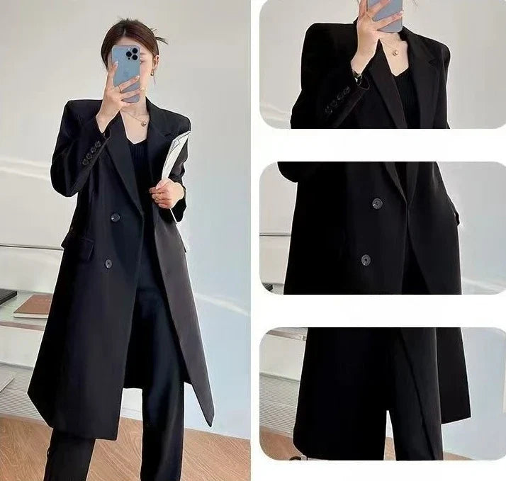 Elegant Women's Basic Solid Color Single Breasted Loose Casual Long Suit Jacket 2025 Spring Autumn Premium Trench Black Coat