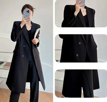 Elegant Women's Basic Solid Color Single Breasted Loose Casual Long Suit Jacket 2025 Spring Autumn Premium Trench Black Coat