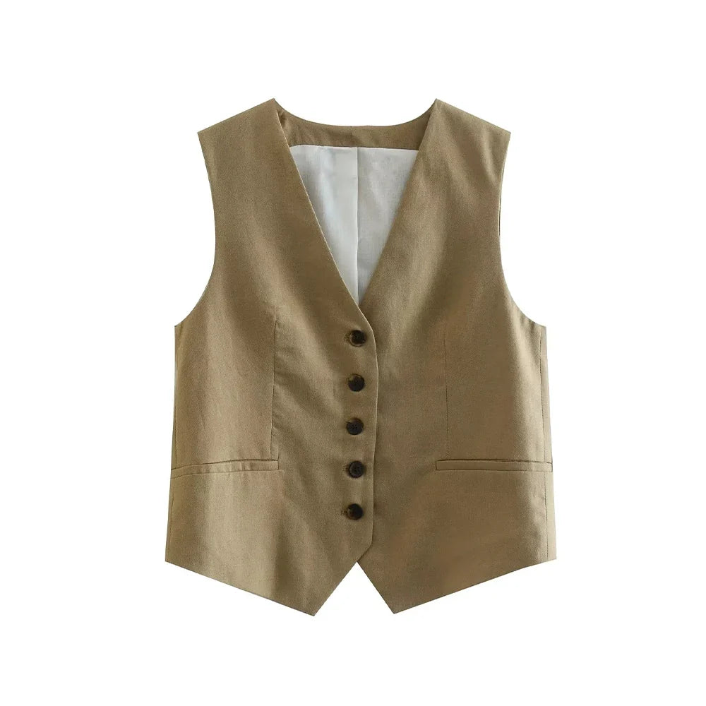 Women Fashion Front Button Linen Blend Waistcoat Vintage V Neck Sleeveless Female Outerwear Chic Vest Tops