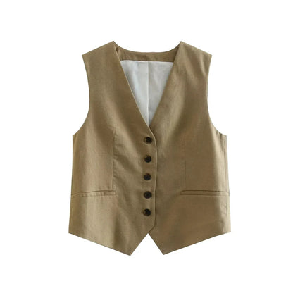 Women Fashion Front Button Linen Blend Waistcoat Vintage V Neck Sleeveless Female Outerwear Chic Vest Tops