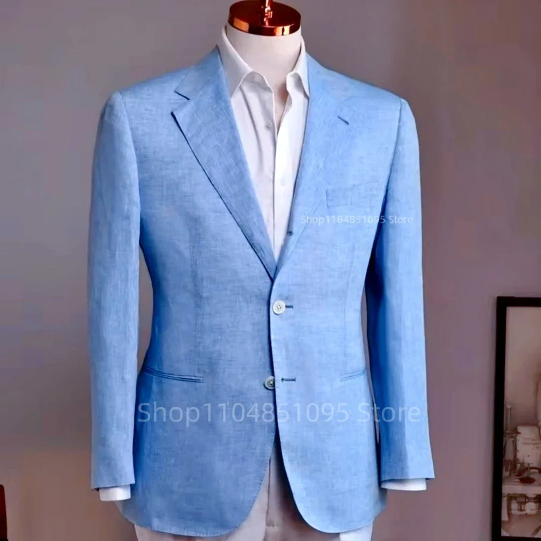 Blue Men Suit Linen Blazers Jackets Business Casual Suit Designer Coats Spring Summer Casual Wear Slim Fit Blazers Tops