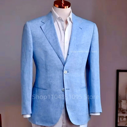 Blue Men Suit Linen Blazers Jackets Business Casual Suit Designer Coats Spring Summer Casual Wear Slim Fit Blazers Tops