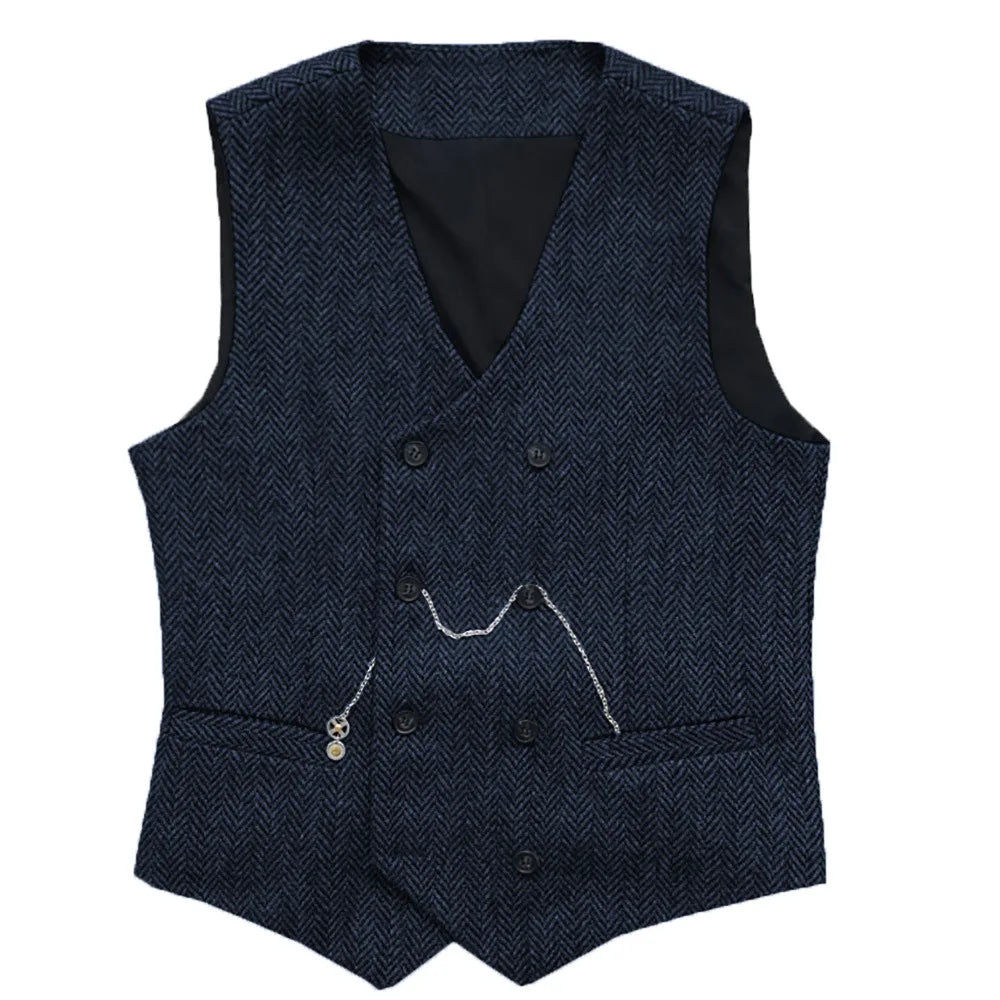 Men's Herringbone Suit Vest Double Breasted Waistcoat for Weddings and Business
