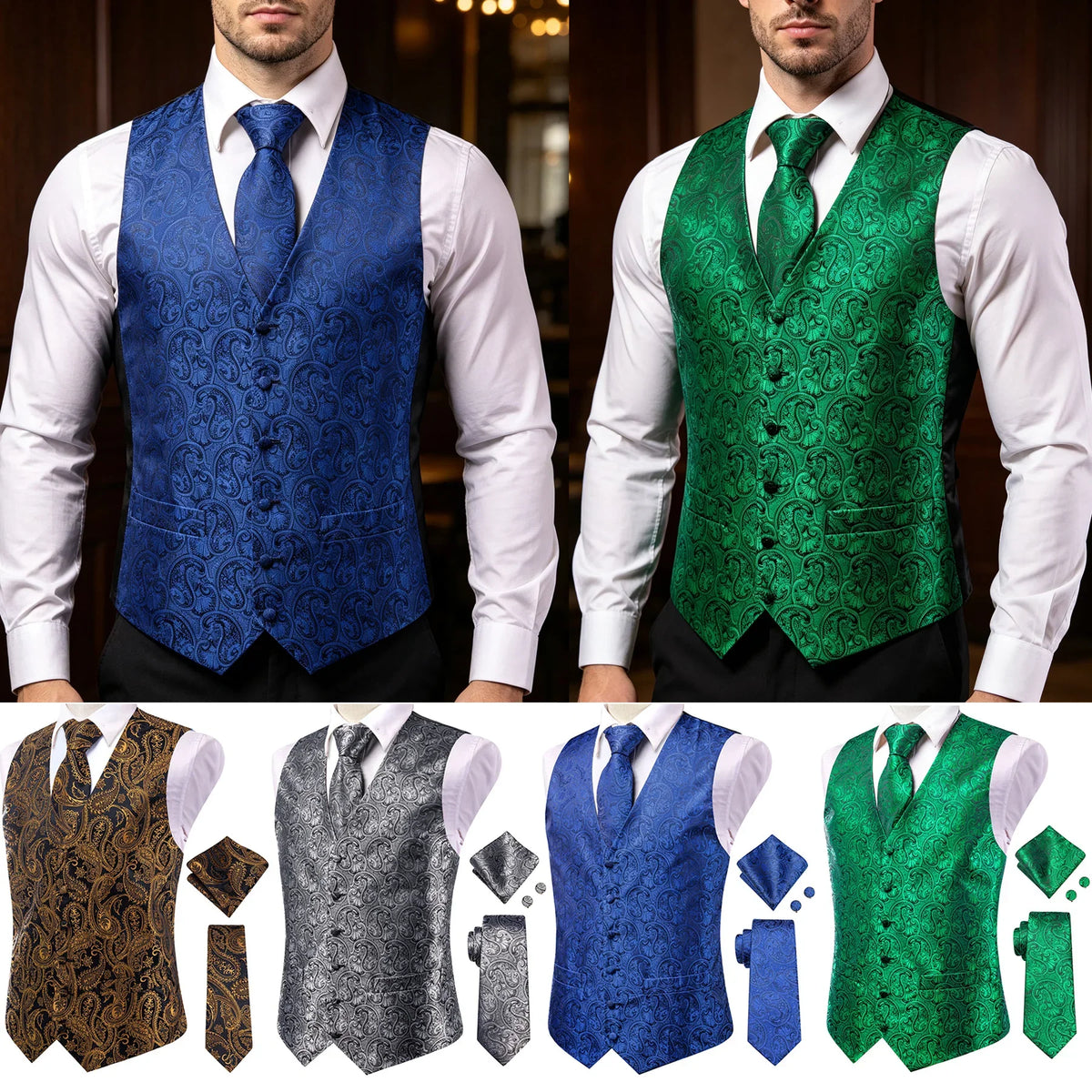 Men's Suit Vest Set Paisley Jacquard Single Breasted 4-Piece Wedding & Banquet