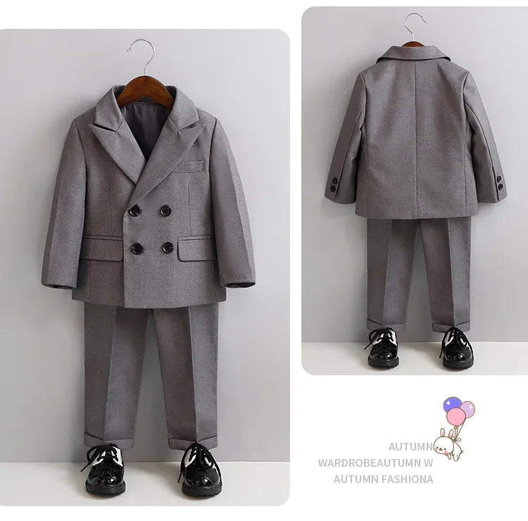 Flower Boys Gray Wedding Suit Set Kids Formal Birthday Photography Outfit Children's Piano Host Performance Costume