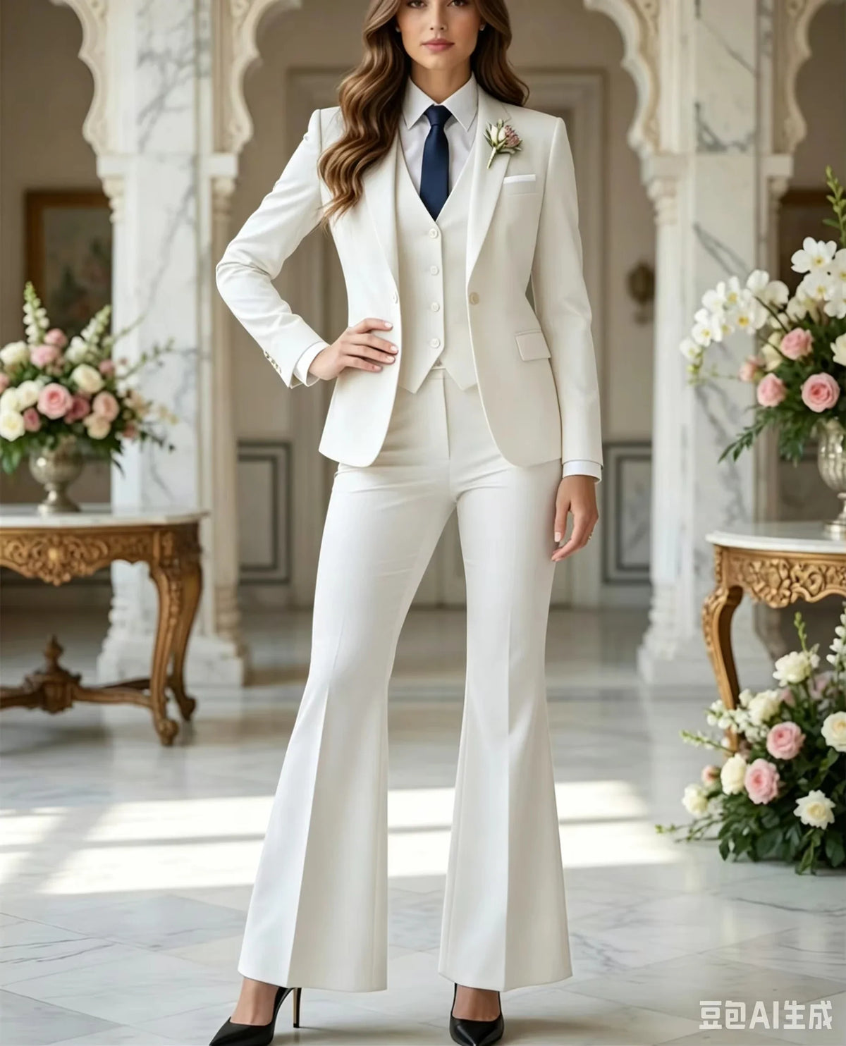 Luxury Fashion Navy Blue 3 Piece Suit Women Costume Tuxedo Flared Pantsuit 70s Retro Vintage Bridal