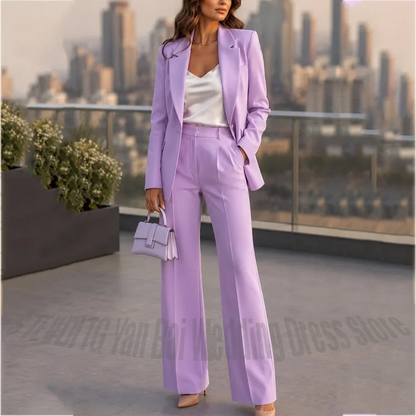 Modern Style Women's Suit Set 2 Piece Notched Lapel Straight Fit Elegant Outfit Solid Color Business Office Wedding Guest Suit