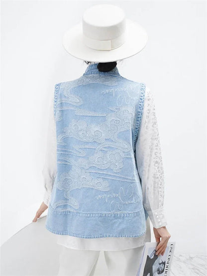 New Female Cowboy Vest Tops Coat Chinese Style Buckle Female Denim Waistcoat Jacket Ladies Cardigan Leisure Sleeveless Outerwear