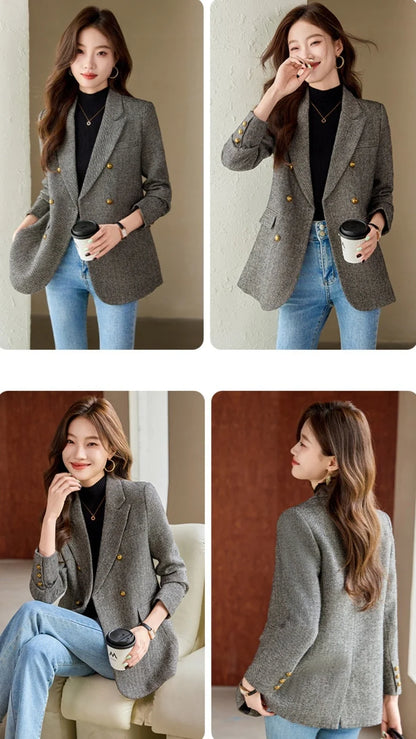 Fashion Grey Blazer Women Coffee Long Sleeve Casual Jacket for Autumn Winter Female Coats Double-Breasted Suit Women’s Clothing