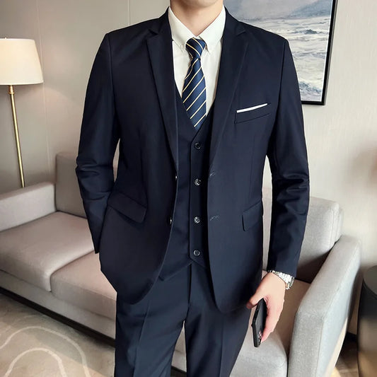 Men's Three-Piece Slim Fit Suit – England Style, Business Casual & Wedding, Navy/Black/Grey