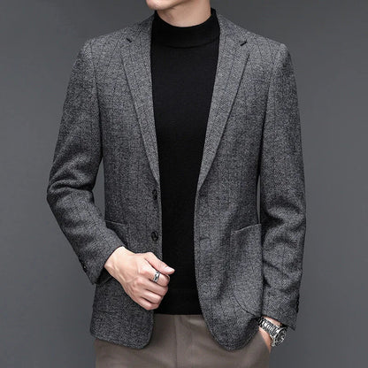 KIDWHXR Man Suit Coat Non-ironing Striped Turn Down Collar Male Outerwear Slim Long Sleeve Pocket Business Casual Men Blazer