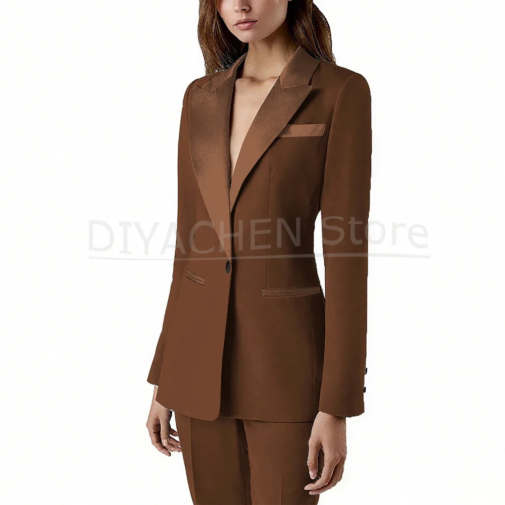 Pants Sets 2 Piece Fashion Satin Peak Lapel Single Button Solid Color Outfits Chic Casual Slim Daily Office Women's Suit