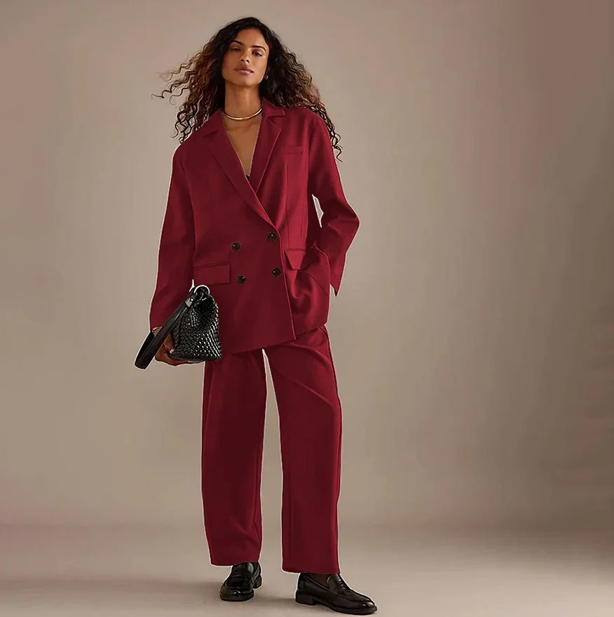Leisure Brown Double Breasted Women Pants Set High-end Female Two Pieces(Jacket+Trousers)أطقم بناطيل